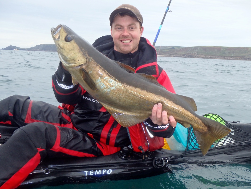 Ben with a 12b 8oz Pollack caught at the Penzance Kayak Fishing Meet 2015