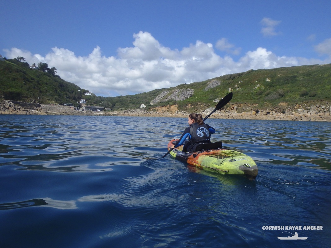 Kayak Fishing at Lamorna - paddling in the cove on a calm summers day