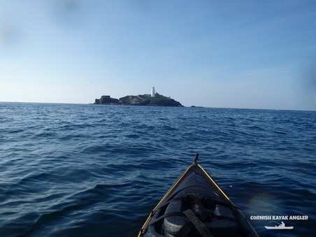 Kayak Fishing at Godrevy - Looking back towards Godrevy lighthouse
