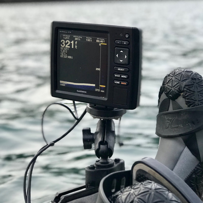 Garmin Echomap fitted to a kayak using a Ram Mount fish finder mount