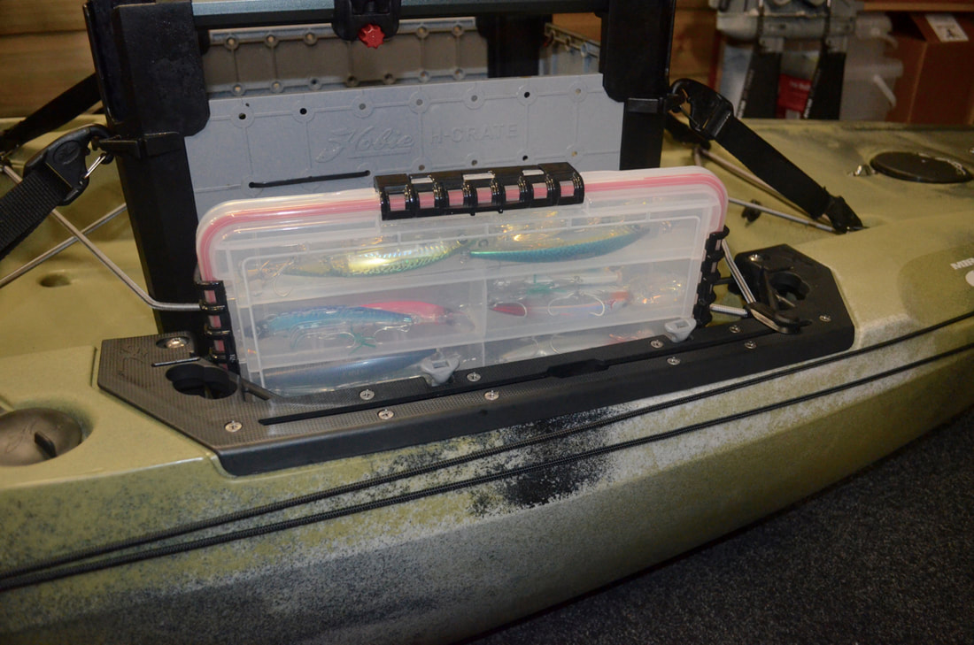 Large Plano Waterproof Stowaway Tackle Box in the cargo area on the Hobie Outback