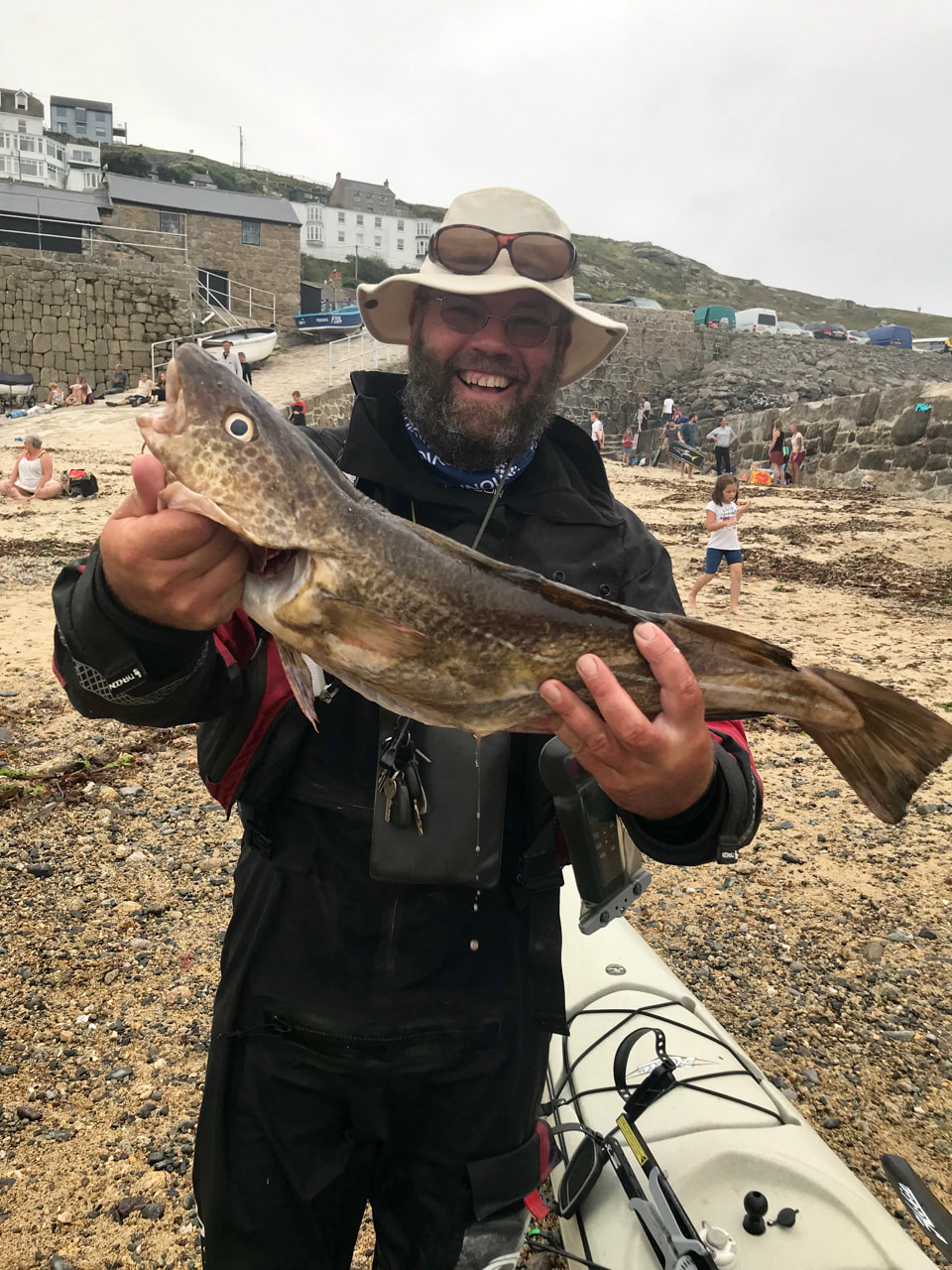 Richard Thomas with a Cod caught at the Penzance Kayak Fishing Meet