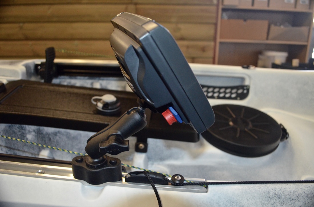 Lowrance Hook 5 mounted on the RTM Rytmo Angler Slide Tracks using a Ram Quick Release Track Base