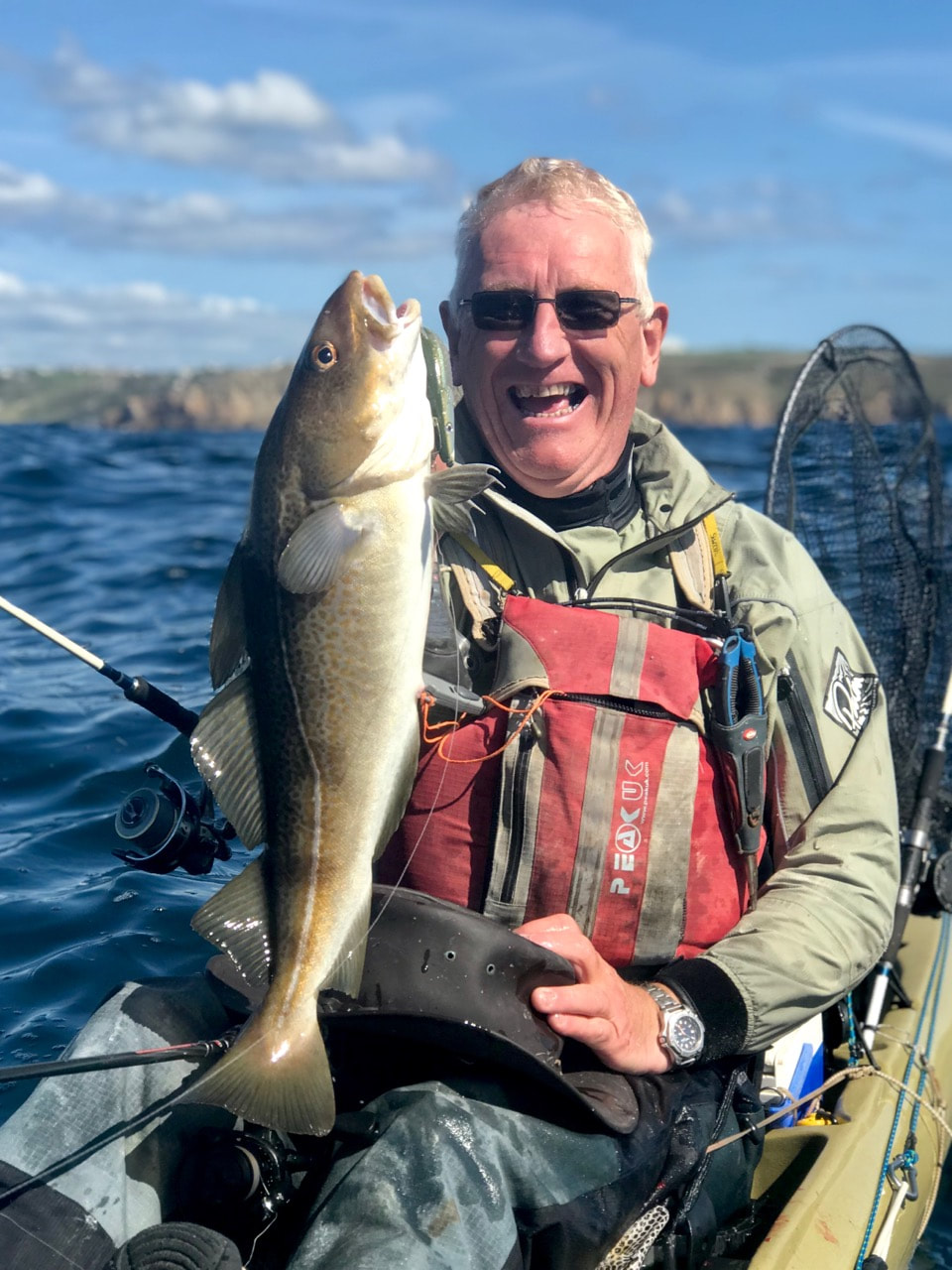 Stu with a nice Cod caught at the Penzance Kayak Fishing Meet